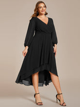 Load image into Gallery viewer, Color=Black | Bulk Order Long Sleeve Asymmetrical Hem Deep V-Neck Non-Stretch Wedding Guest Dresses-Black 19