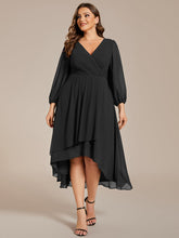 Load image into Gallery viewer, Color=Black | Bulk Order Long Sleeve Asymmetrical Hem Deep V-Neck Non-Stretch Wedding Guest Dresses-Black 20