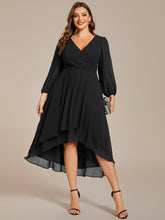Load image into Gallery viewer, Color=Black | Bulk Order Long Sleeve Asymmetrical Hem Deep V-Neck Non-Stretch Wedding Guest Dresses-Black 16
