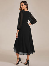 Load image into Gallery viewer, Color=Black | Bulk Order Long Sleeve Asymmetrical Hem Deep V-Neck Non-Stretch Wedding Guest Dresses-Black 12