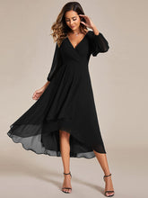 Load image into Gallery viewer, Color=Black | Bulk Order Long Sleeve Asymmetrical Hem Deep V-Neck Non-Stretch Wedding Guest Dresses-Black 14