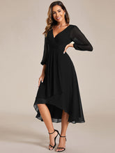 Load image into Gallery viewer, Color=Black | Bulk Order Long Sleeve Asymmetrical Hem Deep V-Neck Non-Stretch Wedding Guest Dresses-Black 15