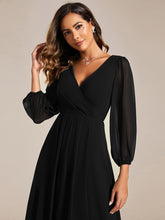 Load image into Gallery viewer, Color=Black | Bulk Order Long Sleeve Asymmetrical Hem Deep V-Neck Non-Stretch Wedding Guest Dresses-Black 13