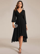 Load image into Gallery viewer, Color=Black | Bulk Order Long Sleeve Asymmetrical Hem Deep V-Neck Non-Stretch Wedding Guest Dresses-Black 11
