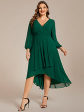 Load image into Gallery viewer, Color=Dark Green | Bulk Order Long Sleeve Asymmetrical Hem Deep V-Neck Non-Stretch Wedding Guest Dresses-Dark Green 26