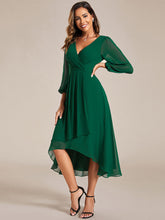 Load image into Gallery viewer, Color=Dark Green | Bulk Order Long Sleeve Asymmetrical Hem Deep V-Neck Non-Stretch Wedding Guest Dresses-Dark Green 24