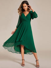 Load image into Gallery viewer, Color=Dark Green | Bulk Order Long Sleeve Asymmetrical Hem Deep V-Neck Non-Stretch Wedding Guest Dresses-Dark Green 25