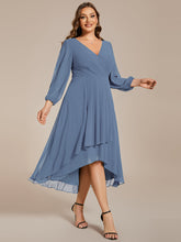 Load image into Gallery viewer, Color=Dusty Blue | Bulk Order Long Sleeve Asymmetrical Hem Deep V-Neck Non-Stretch Wedding Guest Dresses-Dusty Blue 39