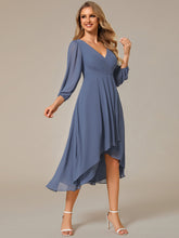 Load image into Gallery viewer, Color=Dusty Blue | Bulk Order Long Sleeve Asymmetrical Hem Deep V-Neck Non-Stretch Wedding Guest Dresses-Dusty Blue 34