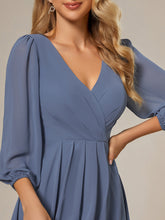 Load image into Gallery viewer, Color=Dusty Blue | Bulk Order Long Sleeve Asymmetrical Hem Deep V-Neck Non-Stretch Wedding Guest Dresses-Dusty Blue 33