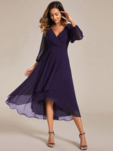 Load image into Gallery viewer, Color=Dark Purple | Bulk Order Long Sleeve Asymmetrical Hem Deep V-Neck Non-Stretch Wedding Guest Dresses-Dark Purple 44