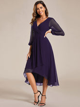 Load image into Gallery viewer, Color=Dark Purple | Bulk Order Long Sleeve Asymmetrical Hem Deep V-Neck Non-Stretch Wedding Guest Dresses-Dark Purple 45