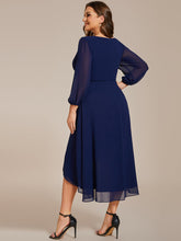 Load image into Gallery viewer, Color=Navy Blue | Bulk Order Long Sleeve Asymmetrical Hem Deep V-Neck Non-Stretch Wedding Guest Dresses-Navy Blue 57