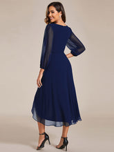 Load image into Gallery viewer, Color=Navy Blue | Bulk Order Long Sleeve Asymmetrical Hem Deep V-Neck Non-Stretch Wedding Guest Dresses-Navy Blue 52