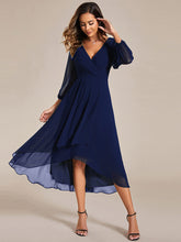 Load image into Gallery viewer, Color=Navy Blue | Bulk Order Long Sleeve Asymmetrical Hem Deep V-Neck Non-Stretch Wedding Guest Dresses-Navy Blue 54