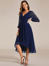 Load image into Gallery viewer, Color=Navy Blue | Bulk Order Long Sleeve Asymmetrical Hem Deep V-Neck Non-Stretch Wedding Guest Dresses-Navy Blue 55
