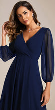 Load image into Gallery viewer, Color=Navy Blue | Bulk Order Long Sleeve Asymmetrical Hem Deep V-Neck Non-Stretch Wedding Guest Dresses-Navy Blue 53