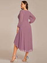 Load image into Gallery viewer, Color=Purple Orchid | Bulk Order Long Sleeve Asymmetrical Hem Deep V-Neck Non-Stretch Wedding Guest Dresses-Purple Orchid 67