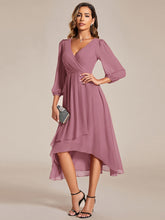 Load image into Gallery viewer, Color=Purple Orchid | Bulk Order Long Sleeve Asymmetrical Hem Deep V-Neck Non-Stretch Wedding Guest Dresses-Purple Orchid 64