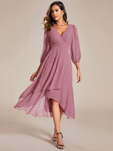 Load image into Gallery viewer, Color=Purple Orchid | Bulk Order Long Sleeve Asymmetrical Hem Deep V-Neck Non-Stretch Wedding Guest Dresses-Purple Orchid 61