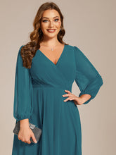 Load image into Gallery viewer, Color=Teal | Bulk Order Long Sleeve Asymmetrical Hem Deep V-Neck Non-Stretch Wedding Guest Dresses-Teal 78