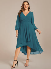 Load image into Gallery viewer, Color=Teal | Bulk Order Long Sleeve Asymmetrical Hem Deep V-Neck Non-Stretch Wedding Guest Dresses-Teal 76