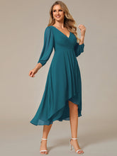 Load image into Gallery viewer, Color=Teal | Bulk Order Long Sleeve Asymmetrical Hem Deep V-Neck Non-Stretch Wedding Guest Dresses-Teal 74