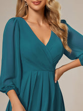 Load image into Gallery viewer, Color=Teal | Bulk Order Long Sleeve Asymmetrical Hem Deep V-Neck Non-Stretch Wedding Guest Dresses-Teal 73