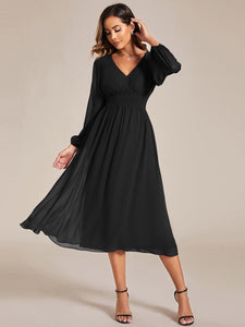 Knee Length Long Sleeves Chiffon Wholesale Wedding Guest Dresses#Color_Black