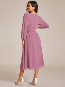 Knee Length Long Sleeves Chiffon Wholesale Wedding Guest Dresses#Color_Orchid