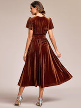 Load image into Gallery viewer, V-Neck Tea Length Velvet Wedding Guest Dresses#Color_Caramel