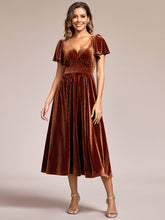 Load image into Gallery viewer, V-Neck Tea Length Velvet Wedding Guest Dresses#Color_Caramel