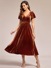 Load image into Gallery viewer, V-Neck Tea Length Velvet Wedding Guest Dresses#Color_Caramel