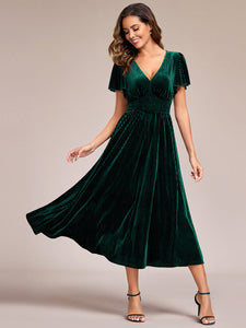 V-Neck Tea Length Velvet Wedding Guest Dresses#Color_Dark Green