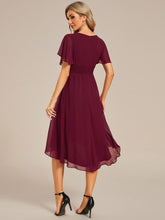 Load image into Gallery viewer, Color=Burgundy | Graceful Lotus Leaf Pleated A-Line Knee Length Round Neckline Short Sleeves Wholesale Wedding Guest Dress-Burgundy 2