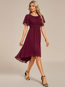 Color=Burgundy | Graceful Lotus Leaf Pleated A-Line Knee Length Round Neckline Short Sleeves Wholesale Wedding Guest Dress-Burgundy 3