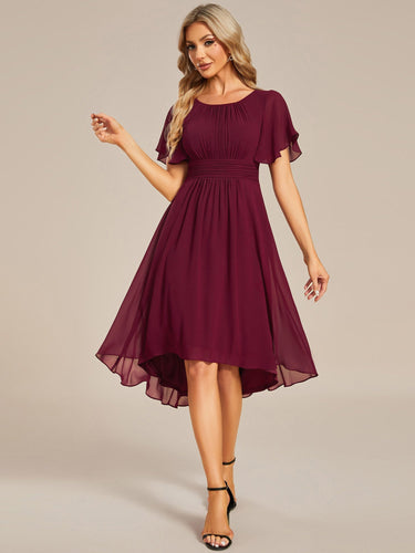 Color=Burgundy | Graceful Lotus Leaf Pleated A-Line Knee Length Round Neckline Short Sleeves Wholesale Wedding Guest Dress-Burgundy 1