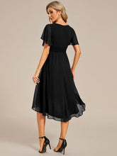 Load image into Gallery viewer, Color=Black | Graceful Lotus Leaf Pleated A-Line Knee Length Round Neckline Short Sleeves Wholesale Wedding Guest Dress-Black 9