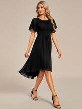 Load image into Gallery viewer, Color=Black | Graceful Lotus Leaf Pleated A-Line Knee Length Round Neckline Short Sleeves Wholesale Wedding Guest Dress-Black 10
