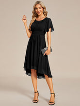 Load image into Gallery viewer, Color=Black | Graceful Lotus Leaf Pleated A-Line Knee Length Round Neckline Short Sleeves Wholesale Wedding Guest Dress-Black 11