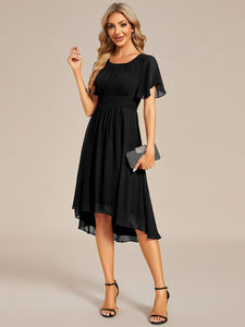 Color=Black | Graceful Lotus Leaf Pleated A-Line Knee Length Round Neckline Short Sleeves Wholesale Wedding Guest Dress-Black 11