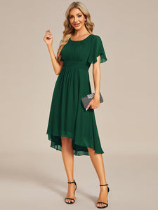 Color=Dark Green | Graceful Lotus Leaf Pleated A-Line Knee Length Round Neckline Short Sleeves Wholesale Wedding Guest Dress-Dark Green 18