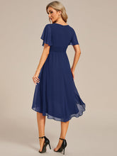 Load image into Gallery viewer, Color=Navy Blue | Graceful Lotus Leaf Pleated A-Line Knee Length Round Neckline Short Sleeves Wholesale Wedding Guest Dress-Navy Blue 23