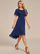 Load image into Gallery viewer, Color=Navy Blue | Graceful Lotus Leaf Pleated A-Line Knee Length Round Neckline Short Sleeves Wholesale Wedding Guest Dress-Navy Blue 24