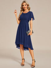 Load image into Gallery viewer, Color=Navy Blue | Graceful Lotus Leaf Pleated A-Line Knee Length Round Neckline Short Sleeves Wholesale Wedding Guest Dress-Navy Blue 25