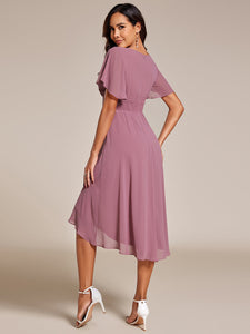 Color=Orchid | Graceful Lotus Leaf Pleated A-Line Knee Length Round Neckline Short Sleeves Wholesale Wedding Guest Dress-Orchid 2