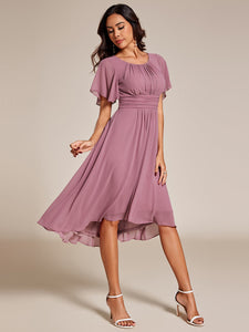 Color=Orchid | Graceful Lotus Leaf Pleated A-Line Knee Length Round Neckline Short Sleeves Wholesale Wedding Guest Dress-Orchid 1