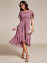 Load image into Gallery viewer, Color=Orchid | Graceful Lotus Leaf Pleated A-Line Knee Length Round Neckline Short Sleeves Wholesale Wedding Guest Dress-Orchid 5