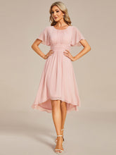 Load image into Gallery viewer, Color=Pink | Graceful Lotus Leaf Pleated A-Line Knee Length Round Neckline Short Sleeves Wholesale Wedding Guest Dress-Pink 