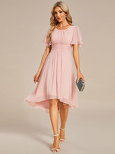 Load image into Gallery viewer, Color=Pink | Graceful Lotus Leaf Pleated A-Line Knee Length Round Neckline Short Sleeves Wholesale Wedding Guest Dress-Pink 